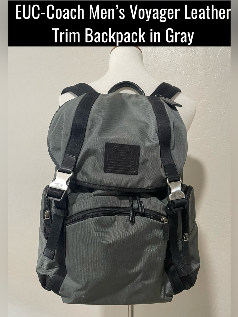 EUC-Coach Men’s Voyager Leather Trim Backpack in Gray